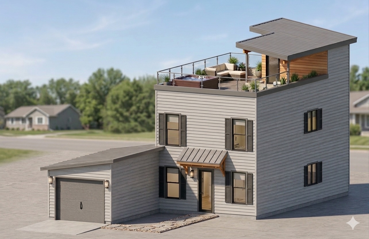 The Apartment Upgrade — exterior render with rooftop deck