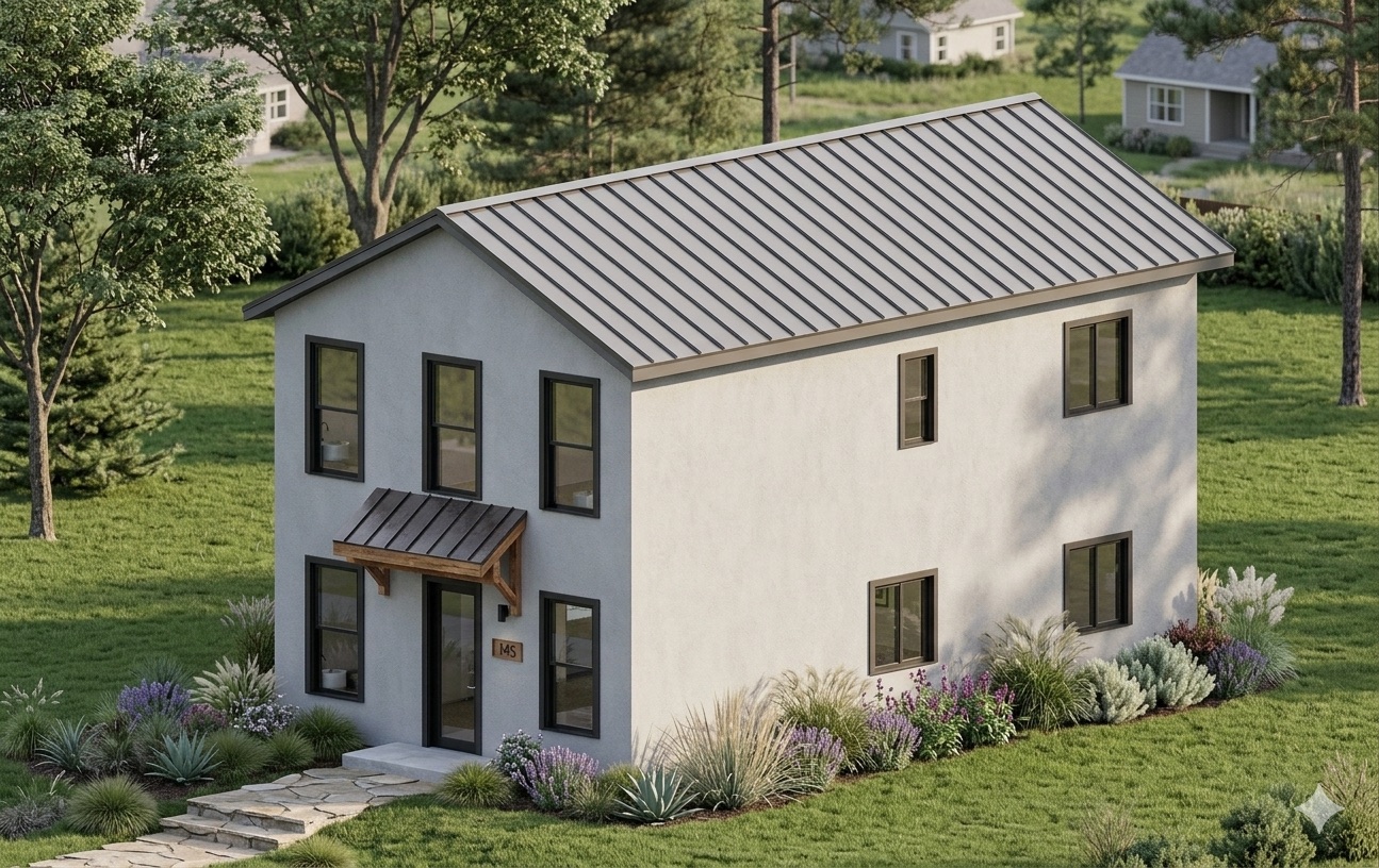 The Entertainer — white stucco with standing-seam metal roof