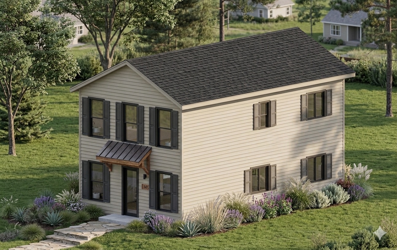 The Entertainer — two-story Arena home with cream siding, black shutters, and lavender landscaping
