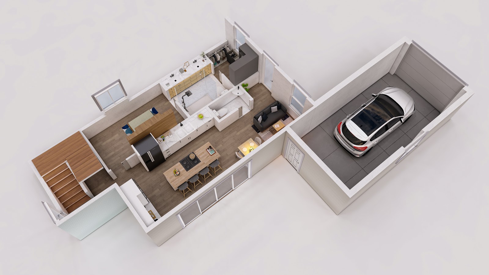The American Dream — dollhouse render of the main floor with island kitchen
